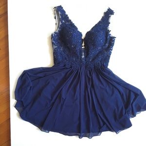Sherri Hill formal dress dark blue lace bodice